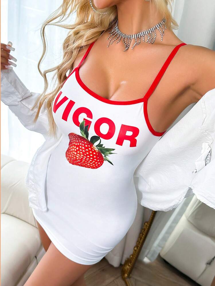 Strawberry Print Tight Fitted Sexy Nightgown For Women